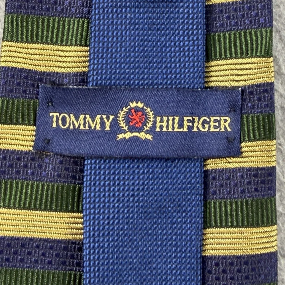 Vintage Tommy Hilfiger Silk Stripe Neck Tie Navy Green Gold USA Classic 58x4